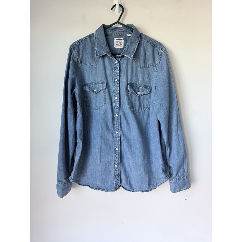 Levis Denim Shirt Womens Large Blue Western Pearl Snap Cowboy Long Sleeve Rodeo